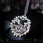 Lilith sigil pendant surrounded by leaves and a purple amethyst, handmade gothic jewelry