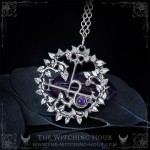 Lilith sigil pendant surrounded by leaves and a purple amethyst, handmade gothic jewelry