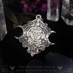 Hecate wheel pendant with triple moon and rainbow moonstone, witchy handmade necklace