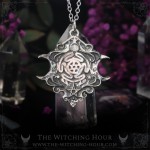 Hecate wheel pendant with triple moon and rainbow moonstone, witchy handmade necklace