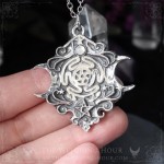 Hecate wheel pendant with triple moon and rainbow moonstone, witchy handmade necklace