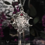 Hecate wheel pendant with triple moon and garnet, witchy handmade necklace