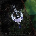 Lilith sigil necklace with a rose on a moon crescent, handmade mystical jewelry inspired by occultism