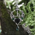Lilith sigil necklace with a rose on a moon crescent, handmade mystical jewelry inspired by occultism