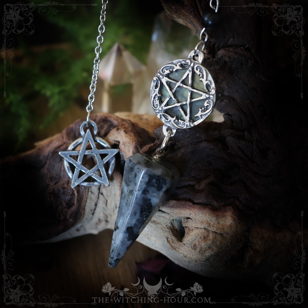 Pendule pentacle en labradorite et larvikite