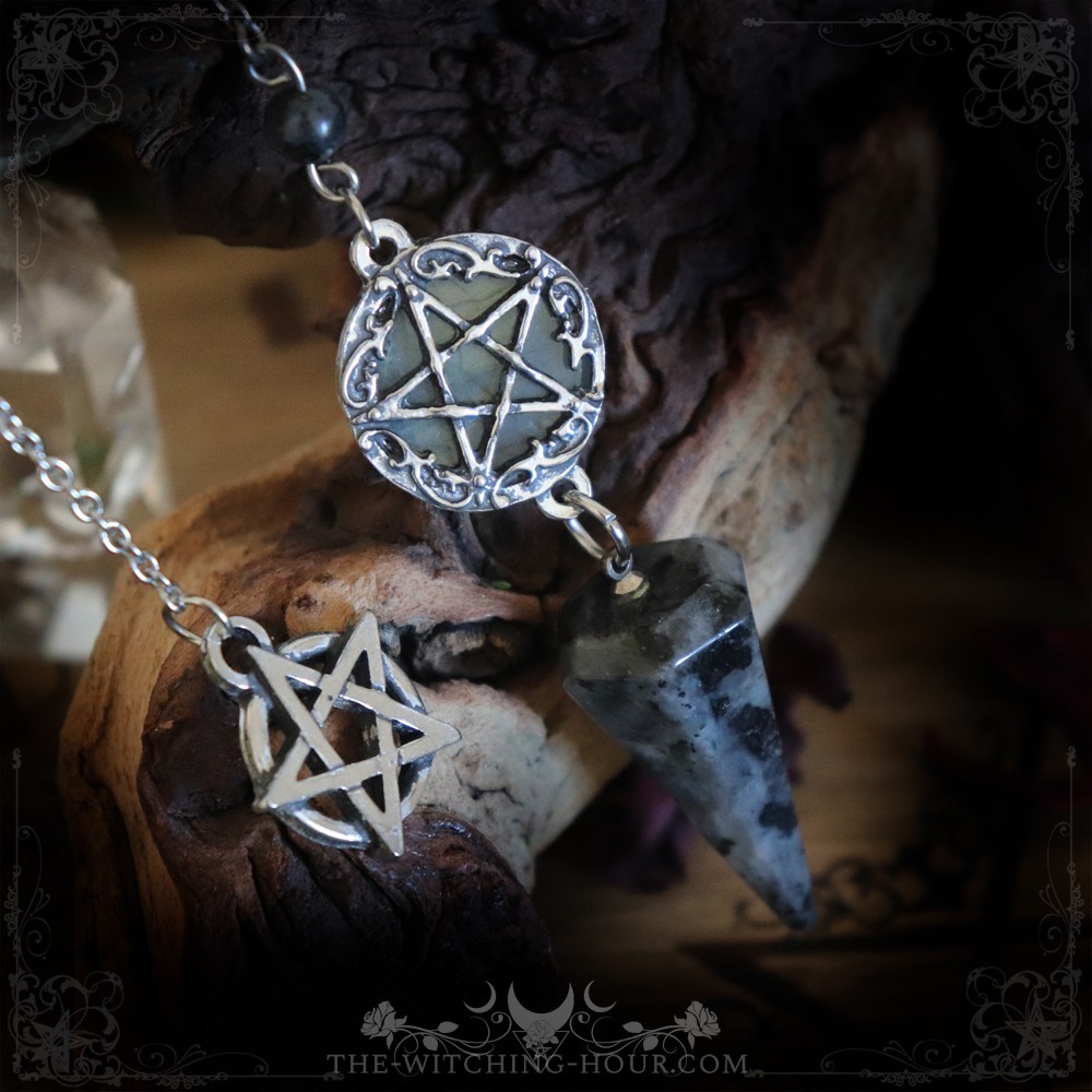 Pendule pentacle en labradorite et larvikite