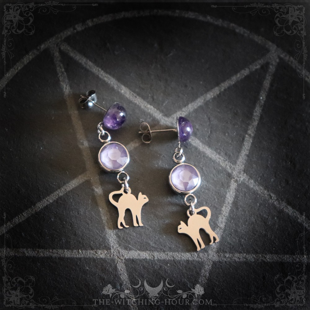 Cat earrings with amethyst