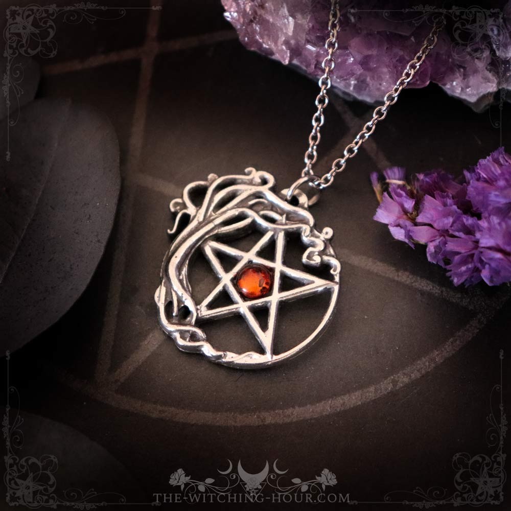 Pendentif pentacle et arbre de vie avec ambre