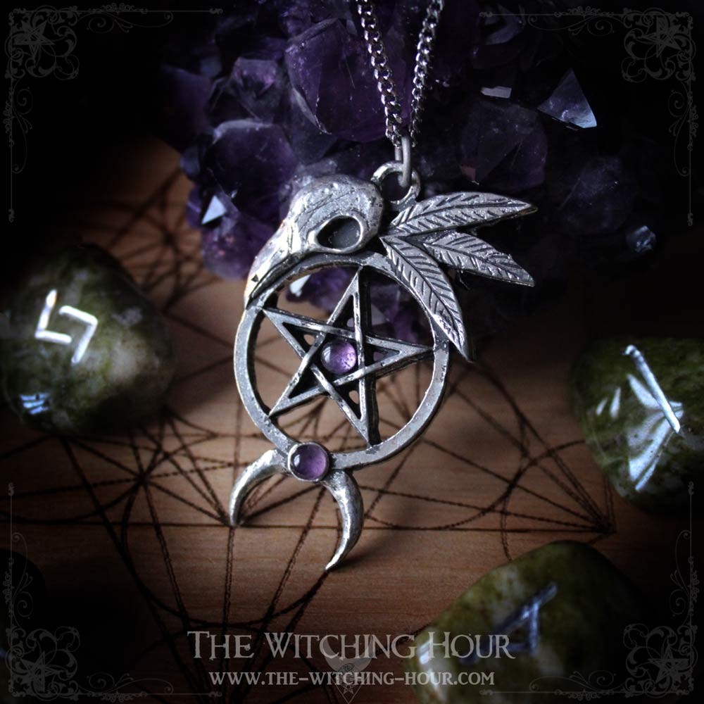 Pentagram and raven skull pendant