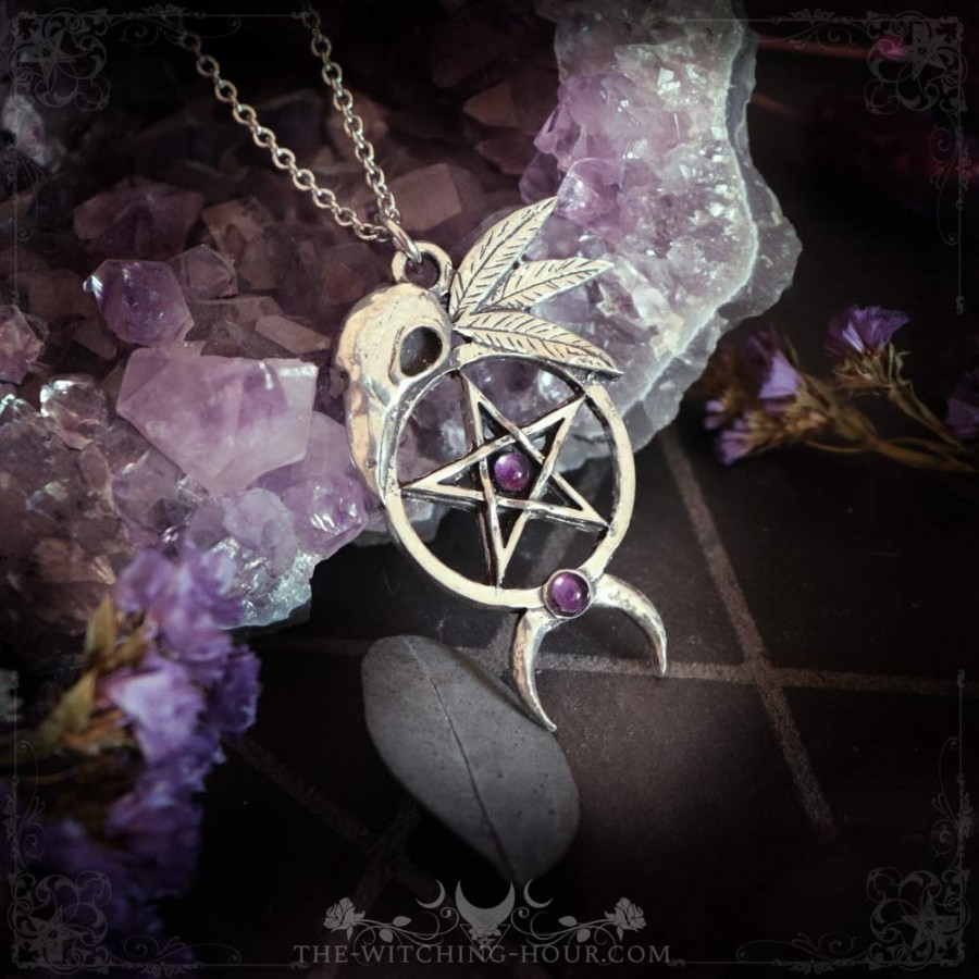 Pentagram and raven skull pendant