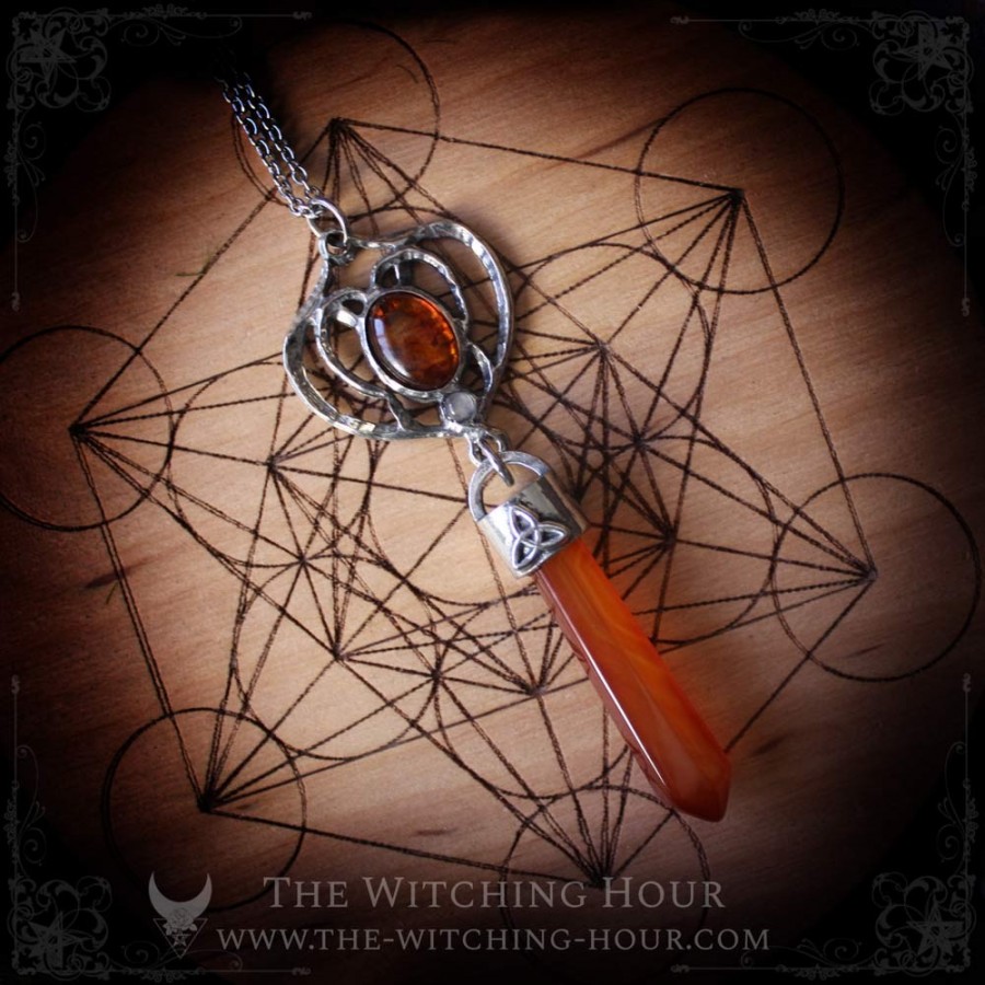 Amber and carnelian elf pendulum necklace