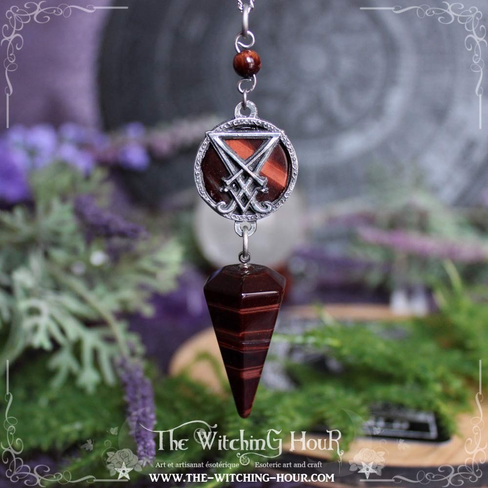 Collier pendule sigil de Lucifer oeil de tigre rouge