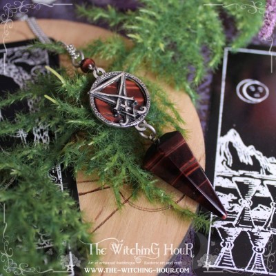 Collier pendule sigil de Lucifer oeil de tigre rouge