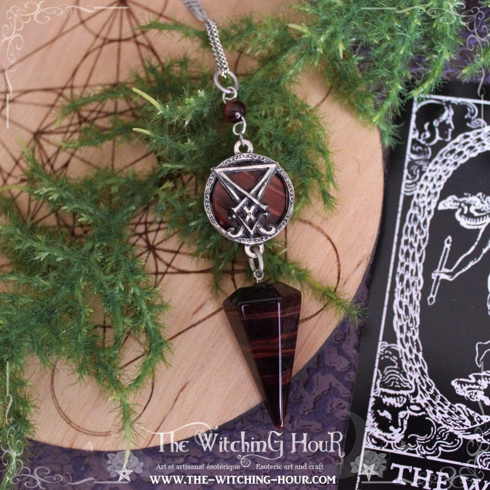 Collier pendule sigil de Lucifer oeil de tigre rouge