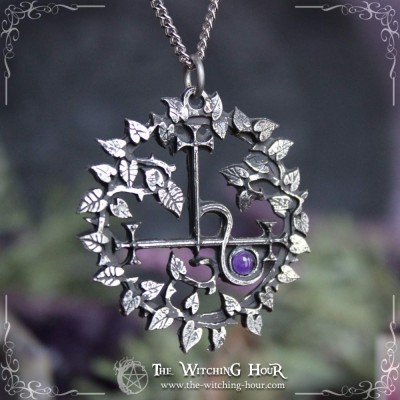 Pendentif sigil de Lilith entouré de feuilles et orné d'une améthyste, bijou occulte fait main
