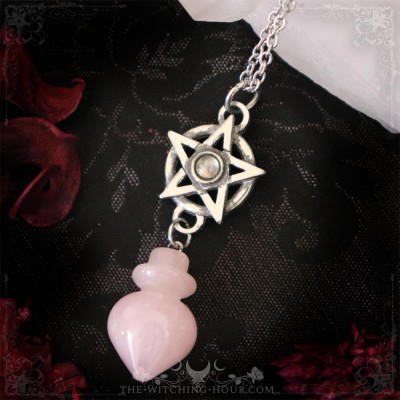 Collier pendule pentacle en quartz rose