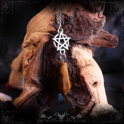 Collier pendule pentacle en oeil de tigre