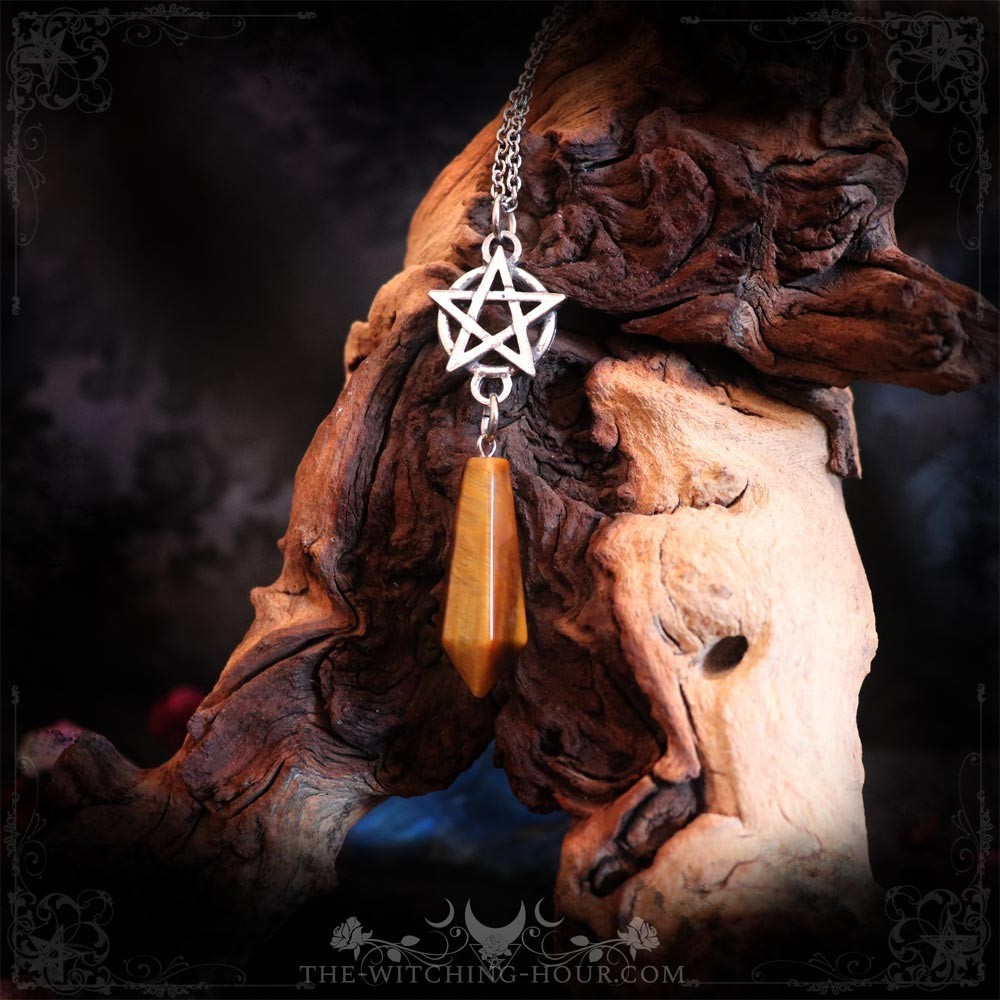 Collier pendule pentacle en oeil de tigre