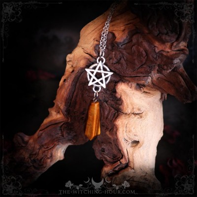 Collier pendule pentacle en oeil de tigre