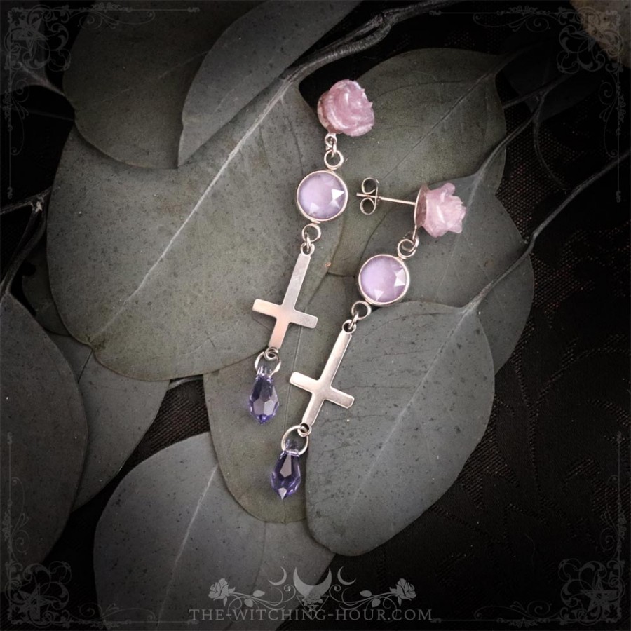 Inverted cross earrings with purple roses