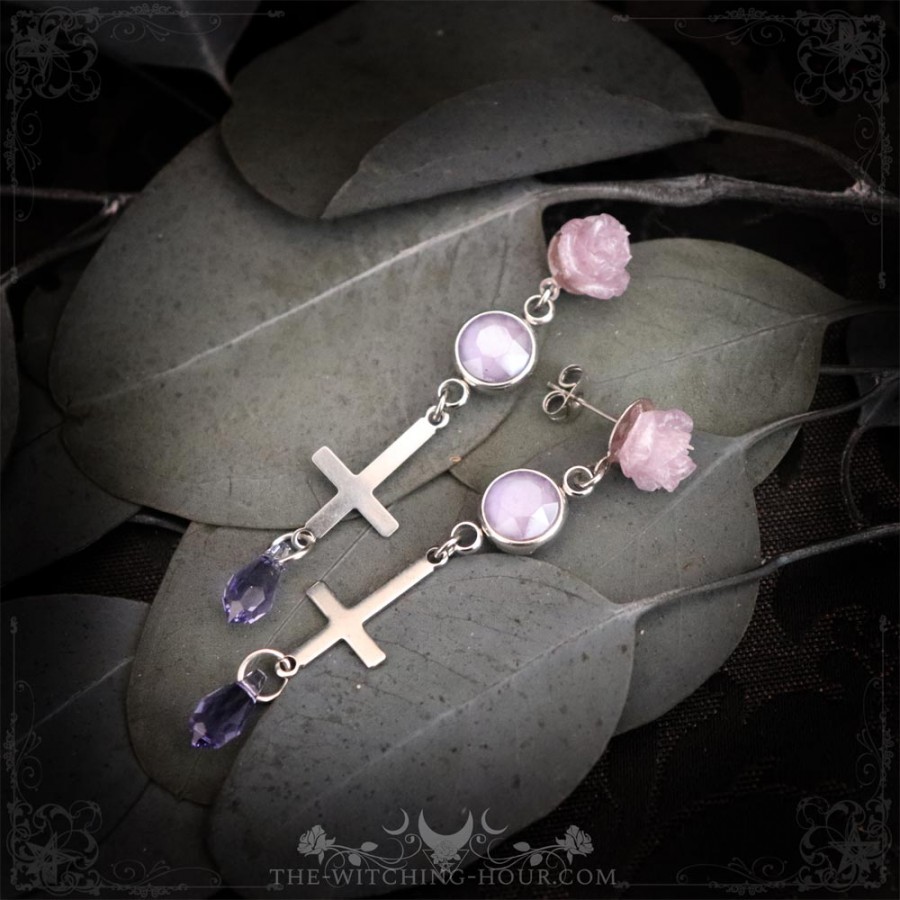 Inverted cross earrings with purple roses