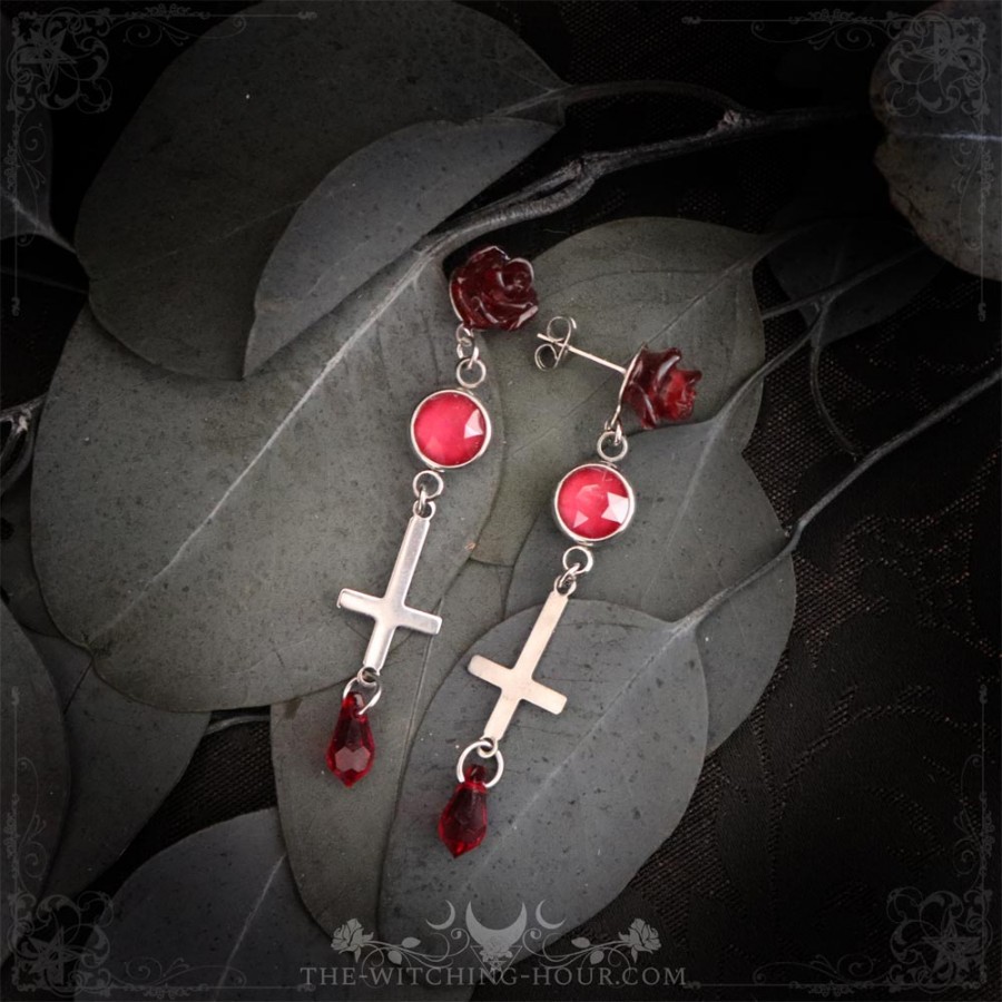 Inverted cross earrings with red roses