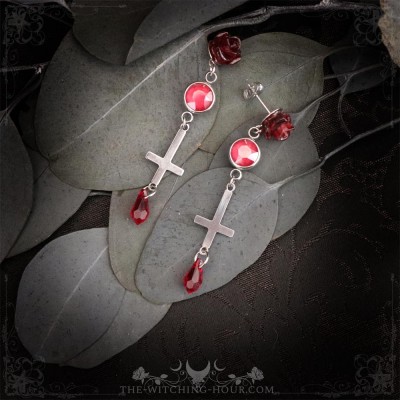 Inverted cross earrings with red roses