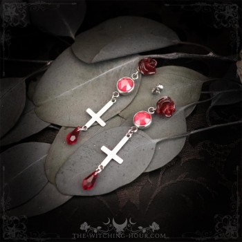 Inverted cross earrings with red roses
