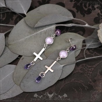 Inverted cross earrings with amethyst