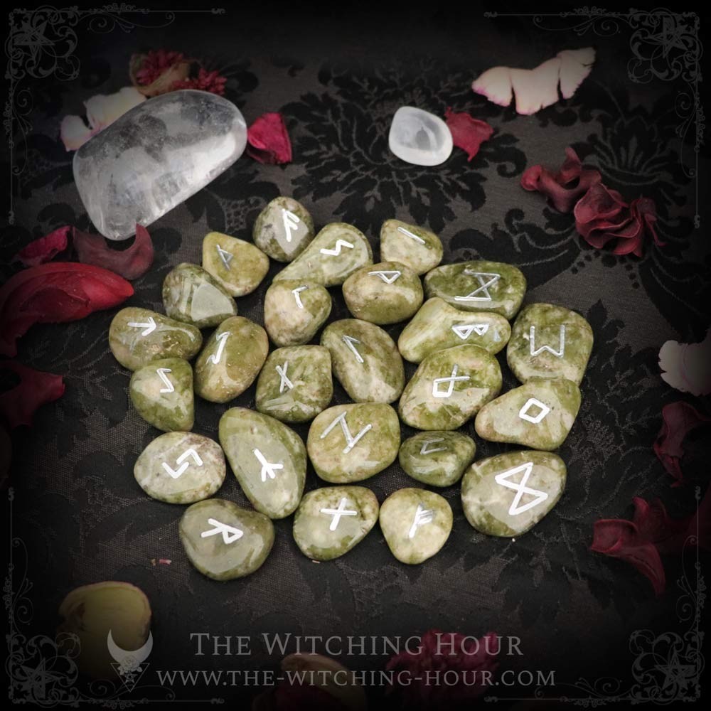 Handmade epidote runes