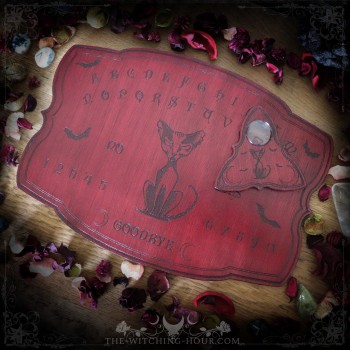 Red ouija board with gothic cat