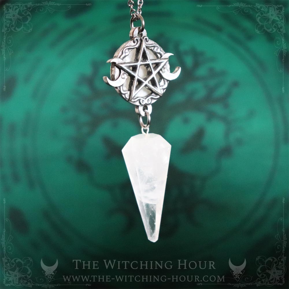 Collier pendule pentacle en cristal de roche