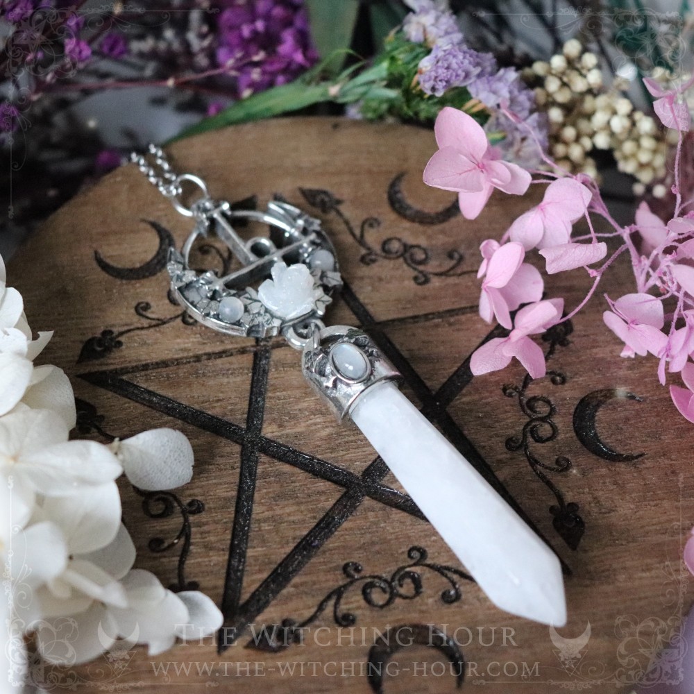 Sigil of Lilith necklace with quartz and rainbow moonstone