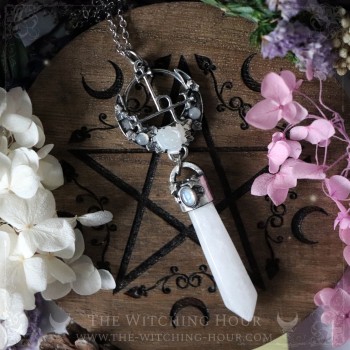 Sigil of Lilith necklace with quartz and rainbow moonstone