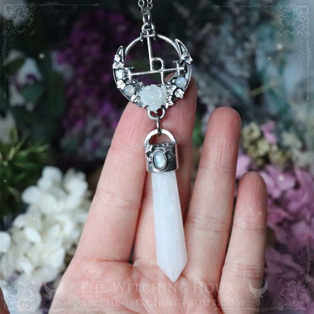 Sigil of Lilith necklace with quartz and rainbow moonstone