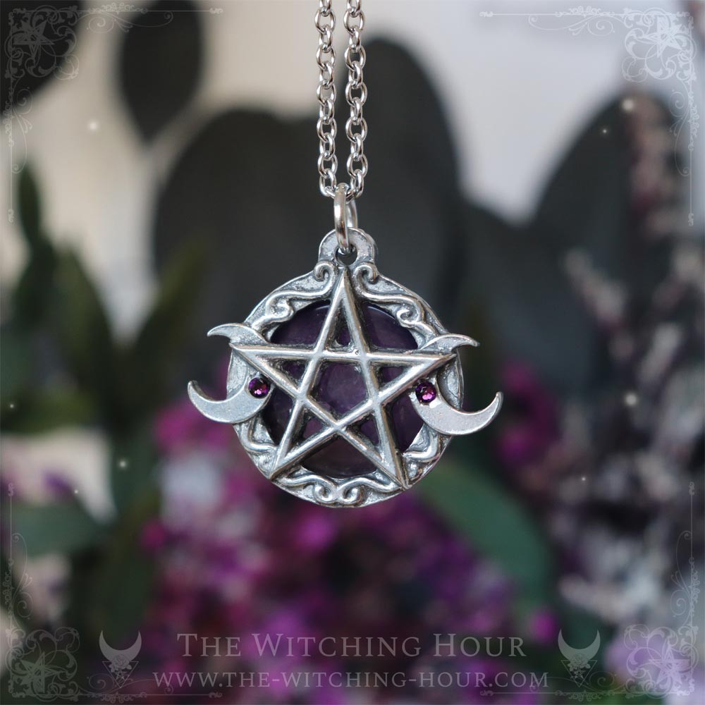 Pendentif pentacle et triple lune en améthyste