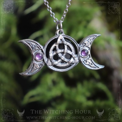Triple moon and triquetra pendant with onyx and amethyst, celtic knot necklace, gothic jewelry