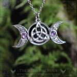 Triple moon and triquetra pendant with onyx and amethyst, celtic knot necklace, gothic jewelry