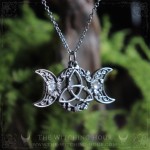 Elven triquetra and triple moon pendant with ivy leaves and rainbow moonstone, celtic jewelry