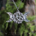 Pendentif triple lune et triquetra elfique entouré de feuilles, avec pierre de lune arc-en-ciel, bijou celtique