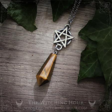 Collier pendule pentagramme en oeil de tigre