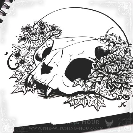 Dessin crâne de chat et fleurs