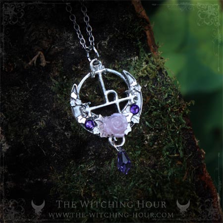 Lilith sigil pendant with a rose on a moon crescent