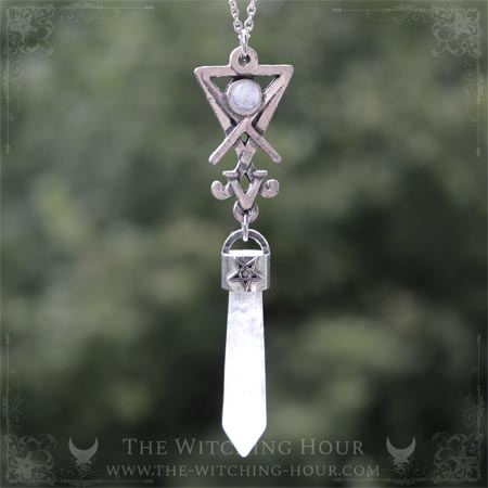 Collier pendule sigil de Lucifer en quartz et pierre de lune, bijou gothique artisanal
