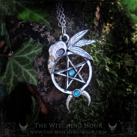 Gothic pentagram and raven skull necklace