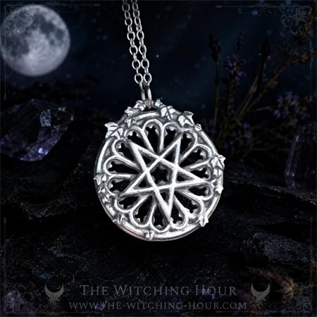 Inverted pentagram necklace in gothic cathedral rose window